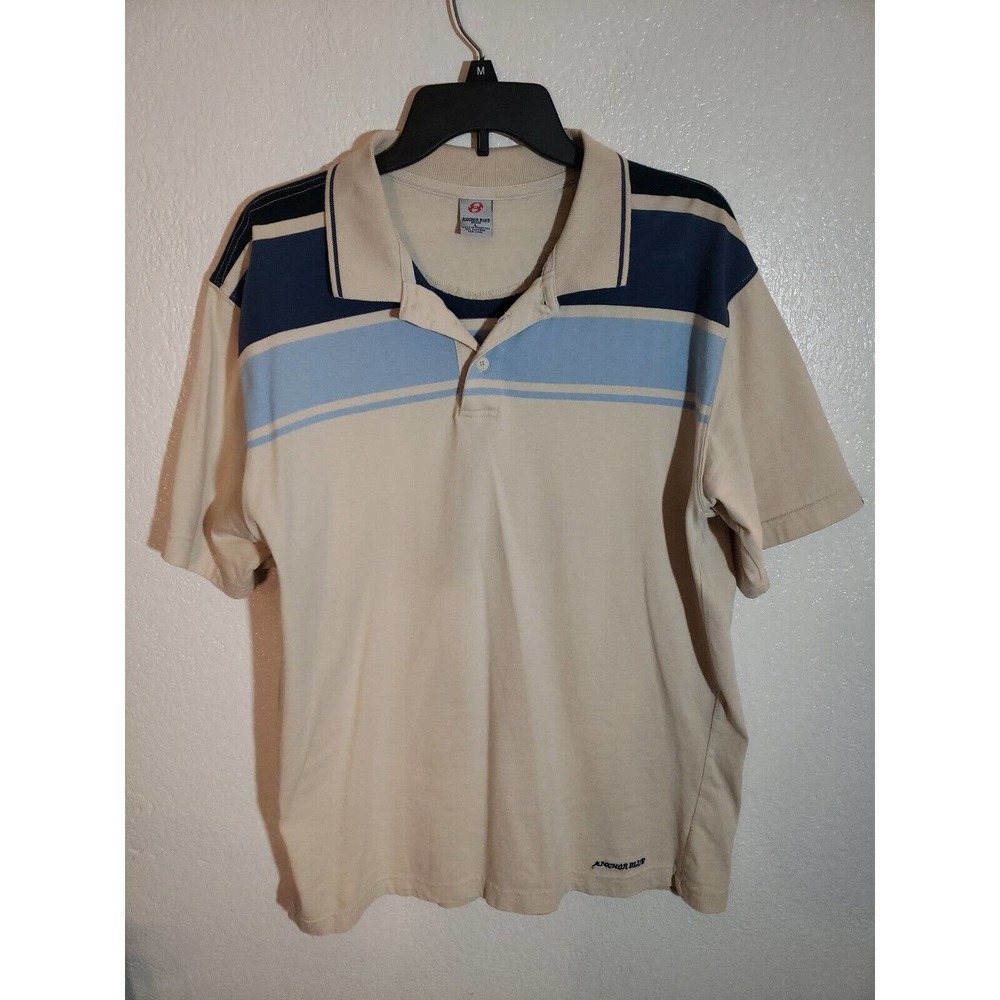 Vintage Anchor Blue Brand Short Sleeve Polo Shirt Mens Large Tan Blue